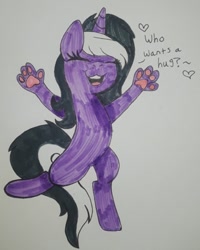 Size: 334x418 | Tagged: safe, artist:bittersweet presents.., artist:chewy-tartz, oc, oc only, oc:charming dazz, pony, skunk, skunk pony, bipedal, grin, happy, heart, hug, paw pads, paws, smiling, solo, standing, standing on one leg, traditional art, underpaw