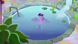 Size: 1280x720 | Tagged: safe, screencap, twilight sparkle, alicorn, pony, deep tissue memories, g4, my little pony: friendship is forever, 9now, belly, female, floating, solo, swimming pool, twilight sparkle (alicorn), water