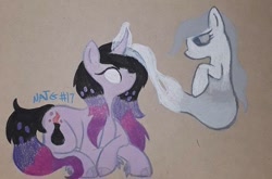 Size: 720x475 | Tagged: safe, artist:bittersweet presents.., artist:chewy-tartz, oc, oc:mystery, ghost, ghost pony, pony, unicorn, alchemy, atg 2020, cloven hooves, colored pencil drawing, curved horn, glowing eyes, glowing horn, horn, necromancy, newbie artist training grounds, potion, traditional art