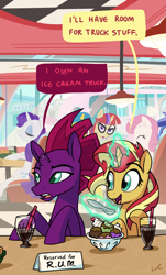 Size: 2772x4596 | Tagged: safe, artist:docwario, fizzlepop berrytwist, lemon hearts, minuette, moondancer, rarity, sunset shimmer, tempest shadow, twinkleshine, pony, unicorn, g4, dialogue, diner, food, high res, reformed unicorn meeting