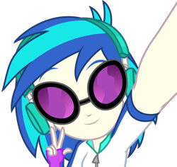 Size: 4406x4154 | Tagged: safe, artist:sketchmcreations, dj pon-3, vinyl scratch, do it for the ponygram!, equestria girls, g4, my little pony equestria girls: better together, cute, female, headphones, peace sign, raised arm, selfie, simple background, smiling, solo, transparent background, vector, vinyl's glasses, vinylbetes