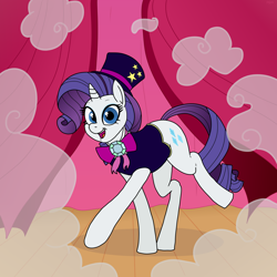 Size: 1500x1500 | Tagged: safe, artist:pony quarantine, rarity, pony, unicorn, disappearing act, g4, g4.5, my little pony: pony life, bowtie, drawthread, female, g4.5 to g4, gem, hat, magician outfit, magician rarity, mare, pose, simple background, smoke, solo, top hat