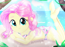 Size: 2600x1899 | Tagged: safe, artist:artmlpk, fluttershy, equestria girls, g4, adorable face, adorasexy, alternate hairstyle, ass, barefoot, beach, beautiful, bikini, butt, clothes, cloud, cute, digital art, feet, female, flutterbutt, looking at you, ocean, palm tree, plant, ponytail, prone, sand, sexy, shyabetes, smiling, smiling at you, solo, summer, sunflare, swimsuit, the pose, tree, vacation, water, watermark, wet, wet hair