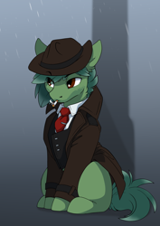 Size: 2480x3508 | Tagged: safe, artist:arctic-fox, oc, oc only, oc:juniper shores, pony, fanfic:starlight over detrot: a noir tale, cigarette, clothes, high res, rain, smoking, solo