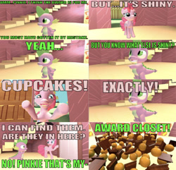 Size: 1242x1196 | Tagged: source needed, safe, artist:undeadponysoldier, pinkie pie, spike, dragon, earth pony, pony, comic:big pinkie loser, series:spikebob scalepants, g4, 3d, award, big pink loser, comic, dialogue, duo, female, gmod, golden oaks library, happy, male, mare, parody, pile, pile of trophies, pointing, reference, source filmmaker, spongebob squarepants, this will end in tears, trophy