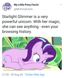 Size: 720x875 | Tagged: safe, screencap, starlight glimmer, pony, unicorn, g4, the parent map, bench, female, mare, meta, prone, solo, text, twitter, wide eyes