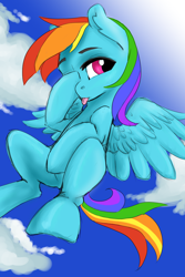 Size: 768x1152 | Tagged: safe, artist:kiwi cutie, rainbow dash, pegasus, pony, :p, cloud, digital art, female, flying, mare, one eye closed, sky, solo, speedpaint, tail, teasing, tongue out, wings