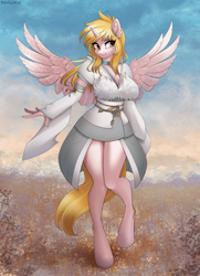 Size: 800x1103 | Tagged: safe, artist:rexiwiksi, oc, oc only, oc:star nai, alicorn, anthro, unguligrade anthro, alicorn oc, clothes, female, golden hair, horn, looking at you, mare, solo, wings