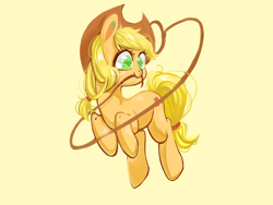 Size: 1600x1200 | Tagged: safe, artist:royal, applejack, earth pony, pony, g4, cowboy hat, female, hat, lasso, mare, mouth hold, orange background, rope, simple background, solo