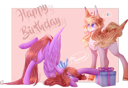 Size: 2481x1704 | Tagged: safe, artist:keltonia, oc, oc only, pegasus, pony, bow, female, hair bow, mare, party horn, present