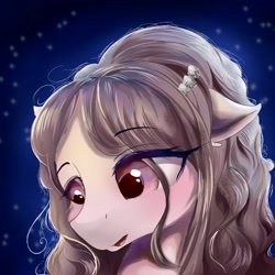 Size: 2048x2048 | Tagged: safe, artist:eris azure, oc, oc only, earth pony, pony, blue background, brown mane, curly hair, cute, endless love, eye, eyebrows, hair, high res, jewelry, mane, mariah carey, red eyes, simple background, solo