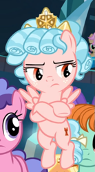 Size: 337x610 | Tagged: safe, screencap, cozy glow, pegasus, pony, g4, school raze, belly, cropped, crossed hooves, crown, female, filly, flying, foal, jewelry, regalia, solo