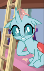 Size: 446x719 | Tagged: safe, screencap, ocellus, changedling, changeling, g4, school raze, bed, cropped, female, ladder, shocked, sitting, solo