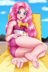 Size: 683x1024 | Tagged: safe, artist:focusb, edit, editor:thomasfan45, pinkie pie, human, equestria girls, adorasexy, ass, balloonbutt, barefoot, beach, beach babe, beach chair, bedroom eyes, bow, breasts, busty pinkie pie, butt, chair, clothes, cute, diapinkes, eyeshadow, feet, female, legs, looking at you, lying down, makeup, one-piece swimsuit, open mouth, sand, sexy, solo, swimsuit, thighs, tricolor swimsuit