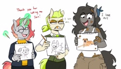 Size: 2600x1486 | Tagged: safe, artist:redxbacon, oc, oc only, oc:golden keylime, oc:scribble snug, oc:trash, earth pony, unicorn, anthro, disguise, disguised changeling, female