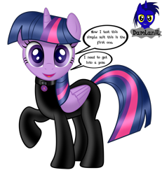 Size: 3840x4154 | Tagged: safe, artist:damlanil, twilight sparkle, alicorn, pony, g4, bodysuit, clothes, collar, cutie mark collar, female, horn, latex, latex suit, looking at you, makeup, mare, raised hoof, rubber, shiny, shiny mane, show accurate, simple background, solo, transparent background, twilight sparkle (alicorn), vector, wings