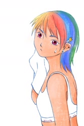 Size: 1200x1800 | Tagged: safe, artist:nicole43323890, rainbow dash, human, g4, clothes, delicious flat chest, ear piercing, female, humanized, piercing, rainbow flat, solo, sweat, tank top, towel