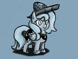 Size: 1024x768 | Tagged: safe, artist:silver-mane1, princess luna, alicorn, pony, moonstuck, g4, blue background, cartographer's cap, female, filly, hat, horn, monochrome, simple background, solo, wings, woona, younger