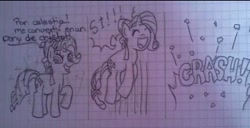 Size: 720x368 | Tagged: safe, artist:sopapiglobo44, rarity, crystal pony, pony, unicorn, g4, comic, crash, crystal rarity, eyes closed, female, graph paper, jumping, open mouth, open smile, pencil drawing, smiling, solo, spanish, traditional art, translated in the description