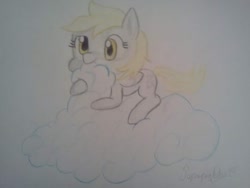 Size: 698x526 | Tagged: safe, artist:sopapiglobo44, derpy hooves, pony, g4, cloud, colored pencil drawing, female, nom, solo, traditional art