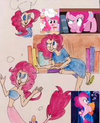 Size: 540x659 | Tagged: safe, artist:lunaart, screencap, pinkie pie, earth pony, human, mermaid, pony, seapony (g4), g4, my little pony: the movie, bookshelf, cute, diapinkes, dorsal fin, female, fin, fish tail, flip-flops, flowing mane, flowing tail, humanized, looking at you, mare, ocean, open mouth, open smile, pinkie being pinkie, sandals, scales, scene interpretation, screencap reference, seaponified, seapony pinkie pie, seaquestria, smiling, smiling at you, solo, species swap, swimming, tail, that pony sure does love being a seapony, underwater, water