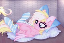 Size: 4146x2840 | Tagged: safe, artist:mint-light, oc, oc only, oc:bay breeze, pegasus, pony, bow, chest fluff, clothes, commission, cute, ear fluff, fangs, female, hair bow, mare, mouth hold, ocbetes, pillow, socks, striped socks, ych result