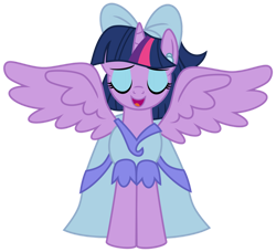 Size: 1024x933 | Tagged: safe, artist:emeraldblast63, idw, twilight sparkle, alicorn, pony, g4, spoiler:comic, bow, clothes, cute, dress, eyes closed, female, free comic book day, hair bow, idw showified, makeup, simple background, solo, spread wings, transparent background, twiabetes, twilight sparkle (alicorn), wings