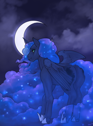 Size: 1766x2390 | Tagged: safe, artist:oops, princess luna, alicorn, pony, g4, cloud, crescent moon, female, moon, night, solo, sparkles, stars