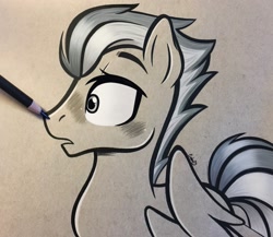 Size: 2048x1776 | Tagged: safe, artist:emberslament, oc, oc only, oc:swift apex, pegasus, pony, blushing, boop, colored pencil drawing, colored pencils, cute, male, monochrome, open mouth, pencil boop, photo, solo, stallion, surprised, traditional art