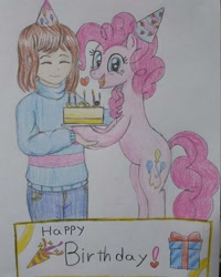 Size: 1080x1350 | Tagged: safe, artist:poorunii, pinkie pie, g4, bipedal, birthday cake, birthday gift, cake, food, frisk, happy birthday, hat, heart, party hat, smiling, traditional art, undertale