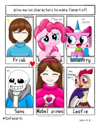 Size: 1080x1288 | Tagged: safe, artist:poorunii, pinkie pie, earth pony, human, pony, anthro, g4, anthro with ponies, bone, crossover, digital art, female, frisk, gravity falls, heart hands, korean, leafie, lego, mabel pines, male, mare, sans (undertale), six fanarts, skeleton, smiling, the lego movie, undertale, unikitty