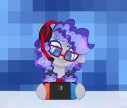 Size: 2048x1754 | Tagged: safe, artist:n in a, oc, oc only, oc:cinnabyte, earth pony, pony, adorkable, bandana, cinnabetes, cute, dork, earth pony oc, gaming, gaming headset, glasses, headphones, headset, nintendo switch, smiling, wingding eyes