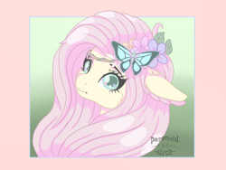 Size: 1600x1200 | Tagged: safe, artist:paranoid_siren, fluttershy, butterfly, pegasus, pony, g4, cute, female, floppy ears, floral head wreath, flower, flower in hair, looking at you, pastel, shyabetes, solo
