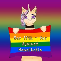 Size: 768x768 | Tagged: safe, artist:starly_but, oc, oc only, pony, unicorn, abstract background, choker, ear piercing, female, gay pride, graveyard of comments, mare, piercing, pride, pride flag, sign, solo, text