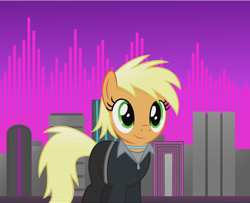 Size: 4304x3500 | Tagged: safe, artist:anime-equestria, applejack, earth pony, pony, g4, alternate hairstyle, city, cityscape, clothes, female, jacket, jewelry, mare, necklace, retro, scan lines, skyline, smiling, solo, synthwave, zipper