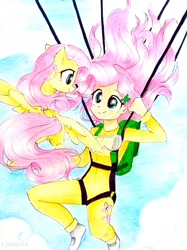 Size: 2266x3022 | Tagged: safe, artist:liaaqila, fluttershy, human, pegasus, pony, equestria girls, g4, air ponyville, clothes, cloud, commission, cute, duo, female, flying, goggles, harness, high res, human ponidox, jumpsuit, looking at each other, mare, parachute, self ponidox, shyabetes, sky, skydiving, smiling, spread wings, tack, traditional art, wings