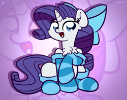 Size: 3250x2560 | Tagged: dead source, safe, artist:php142, rarity, pony, unicorn, g4, bow, chest fluff, clothes, cute, female, hair bow, high res, mare, open mouth, purple background, raribetes, simple background, sitting, socks, solo, striped socks, zoom layer