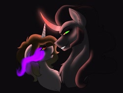 Size: 2048x1536 | Tagged: safe, artist:pearl123_art, king sombra, oc, pony, unicorn, g4, black background, canon x oc, chest fluff, curved horn, female, glowing horn, horn, male, mare, simple background, sombra eyes, stallion, straight, unicorn oc