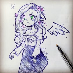 Size: 1080x1080 | Tagged: safe, artist:beakka, fluttershy, human, g4, bare shoulders, clothes, eared humanization, female, floating wings, floppy ears, flower, flower in hair, frown, humanized, lineart, signature, solo, traditional art, winged humanization, wings