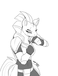 Size: 1679x2200 | Tagged: safe, artist:bluntwhiskey, tempest shadow, anthro, g4, armor, broken horn, female, fighting stance, horn, lidded eyes, monochrome, simple background, solo, white background