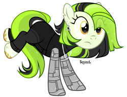 Size: 3552x2702 | Tagged: safe, artist:bad_trip, oc, oc only, oc:radium glow (ice1517), cyborg, earth pony, pony, cyber-questria, amputee, bodysuit, ear piercing, earring, female, high res, jewelry, mare, multicolored hair, necklace, piercing, prosthetic limb, prosthetics, raised leg, rearing, simple background, solo, unshorn fetlocks, wetsuit, white background