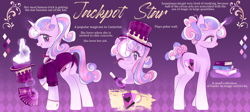 Size: 2688x1200 | Tagged: safe, artist:missmay, oc, oc only, oc:jackpot star, pony, rabbit, unicorn, animal, book, bowtie, butt, card, clothes, female, gloves, glowing horn, hat, horn, levitation, magic, magic wand, magician outfit, mare, markings, multicolored hair, one eye closed, playing card, plot, raised hoof, reference sheet, shirt, solo, stars, suit, telekinesis, top hat, tuxedo, wink