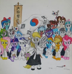 Size: 1080x1114 | Tagged: safe, artist:poorunii, applejack, derpy hooves, fluttershy, pinkie pie, rainbow dash, rarity, spike, twilight sparkle, oc, g4, flag, independence, korean, mane six, march 1st movement, south korea, traditional art