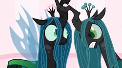 Size: 844x468 | Tagged: safe, artist:mixermike622, edit, queen chrysalis, changeling, changeling queen, g4, ..., adorable distress, angry, anxiety, confused, crossed horns, crossover, cute, cutealis, duo, faic, fake, faker than a three dollar bill, fangs, fanon, fear, female, flanderization, frown, furious, gritted teeth, help me, helpless, horn, horns are touching, hyperventilating, intimidating, looking at each other, mare, now you fucked up, oh crap, oh crap face, panic, panic attack, payback, revenge, rivalry, scared, seething, self paradox, self ponidox, shit just got real, shocked, shrunken pupils, spread wings, standing, the implications are horrible, this will end in death, this will end in pain, this will end in tears, this will end in tears and/or death, threat, threatening, villain decay, wall of tags, wat, wide eyes, wings, worried