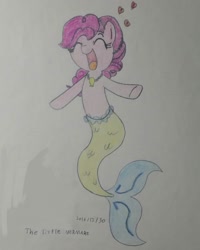 Size: 1080x1350 | Tagged: safe, artist:poorunii, pinkie pie, mermaid, merpony, g4, eyes closed, female, heart, jewelry, mermaid princess, mermaid tail, mermaidized, necklace, partiel, pearl necklace, pinkie tales, smiling, solo, species swap, the little mermaid, the little mermare, traditional art