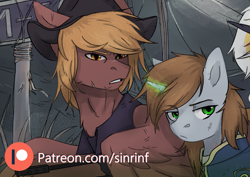 Size: 1603x1138 | Tagged: safe, artist:sinrinf, oc, oc:calamity, oc:littlepip, pegasus, pony, unicorn, fallout equestria, advertisement, clothes, cowboy hat, female, glowing horn, hat, horn, jumpsuit, male, mare, patreon, patreon logo, patreon preview, piplamity, stallion, vault suit