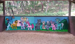 Size: 1080x641 | Tagged: safe, applejack, coco pommel, fluttershy, lyra heartstrings, octavia melody, pinkie pie, rainbow dash, rarity, silver spoon, suri polomare, twilight sparkle, g4, female, mane six, south korea, wall, wall painting