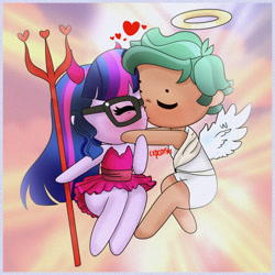 Size: 2000x2000 | Tagged: safe, artist:cxpcakes, sci-twi, timber spruce, twilight sparkle, angel, devil, equestria girls, g4, adorable face, adorkable, angel x devil, angelic wings, blushing, chibi, couple, cute, devil horns, dork, female, high res, kissing, male, pitchfork, shipping, straight, timberbetes, timbertwi, twiabetes, wings