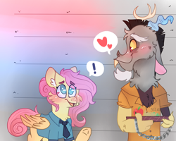 Size: 2500x2000 | Tagged: safe, artist:no-name-blog-scree, artist:no-name-blogg, artist:noodlezss, discord, fluttershy, draconequus, pegasus, pony, g4, blushing, cheek fluff, chest fluff, clothes, cuffs, ear fluff, exclamation point, eye clipping through hair, eyebrows, eyebrows visible through hair, female, floppy ears, folded wings, handcuffed, heart, height scale, high res, looking at each other, looking at someone, looking up, male, mare, necktie, open mouth, pictogram, police, police officer, police pony, police uniform, prison outfit, prisoner, profile, raised hoof, ship:discoshy, shipping, smiling, speech bubble, standing, straight, underhoof, wings