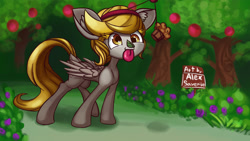 Size: 3840x2160 | Tagged: safe, artist:alexsavenije, derpy hooves, pegasus, pony, g4, apple, ear fluff, flower, food, high res, muffin, tongue out, tree